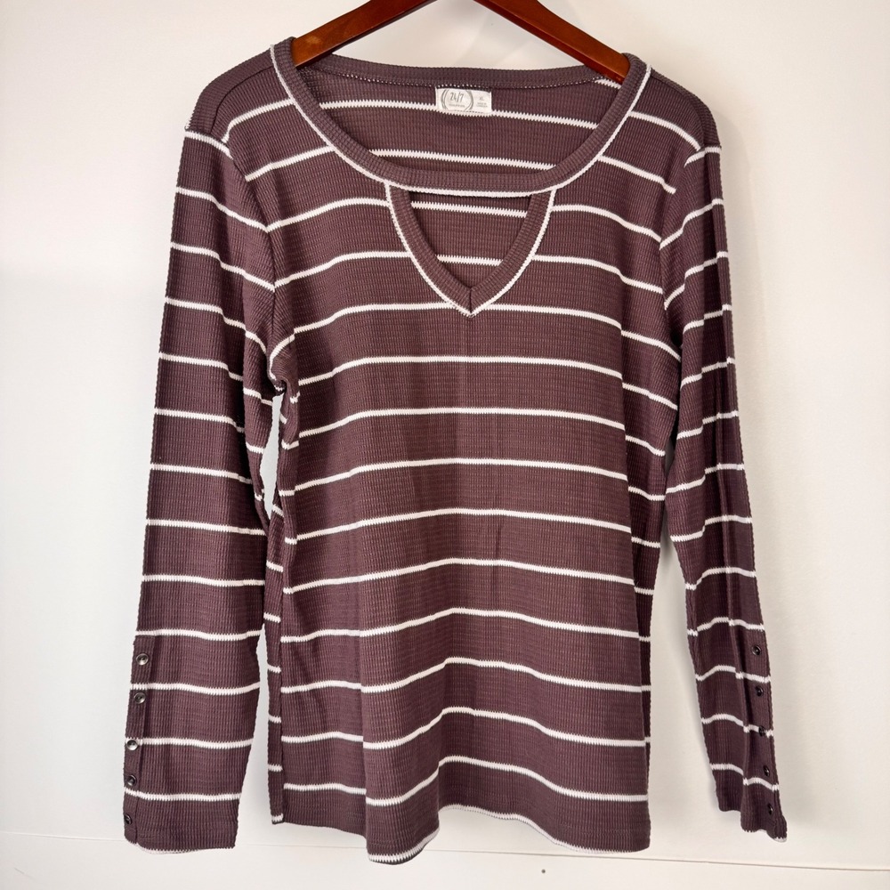 Maurices Top Women XL Brown Striped Waffle Knit Cutout V-Neck Casual Cozy